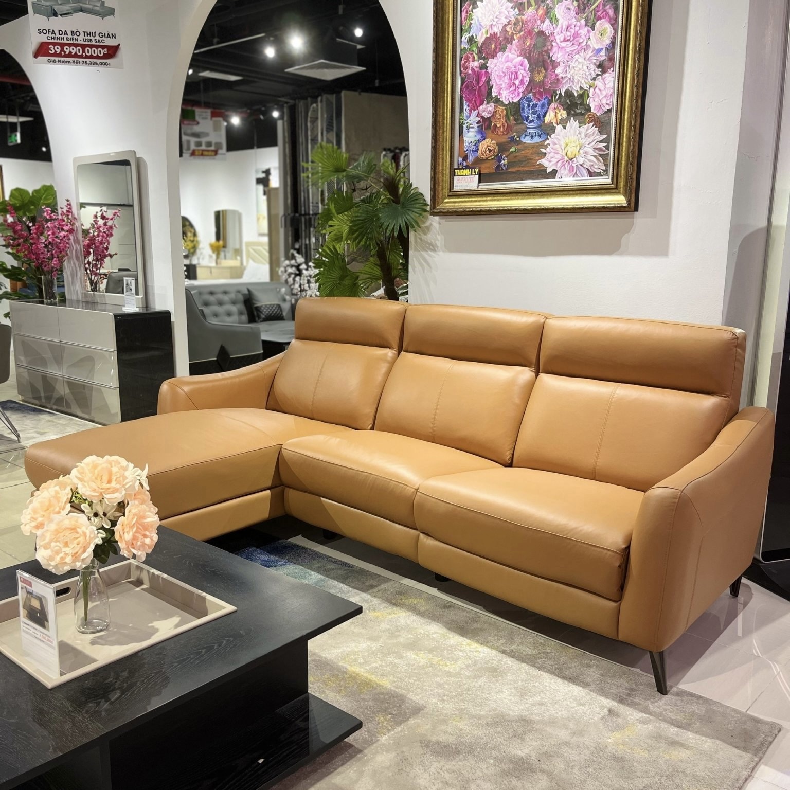 Sofa Thư Giãn Chữ L 2m6 Da Bò Tiếp Xúc YB919 - 8019 Cam Apricot