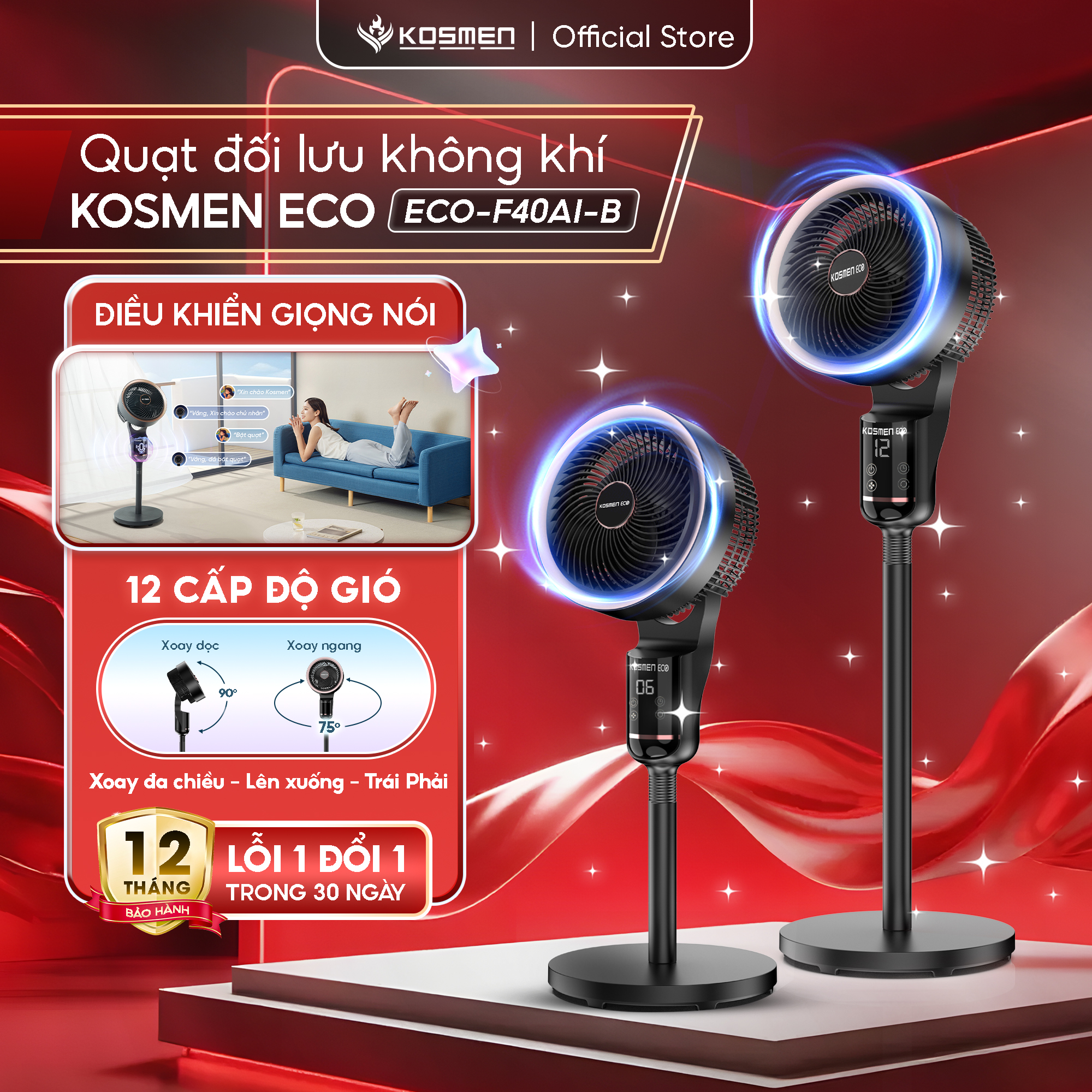Quạt đối lưu không khí điều khiển bằng giọng nói Kosmen Eco ECO-F40AI-B, quạt thông minh, quạt điện (quạt đứng)