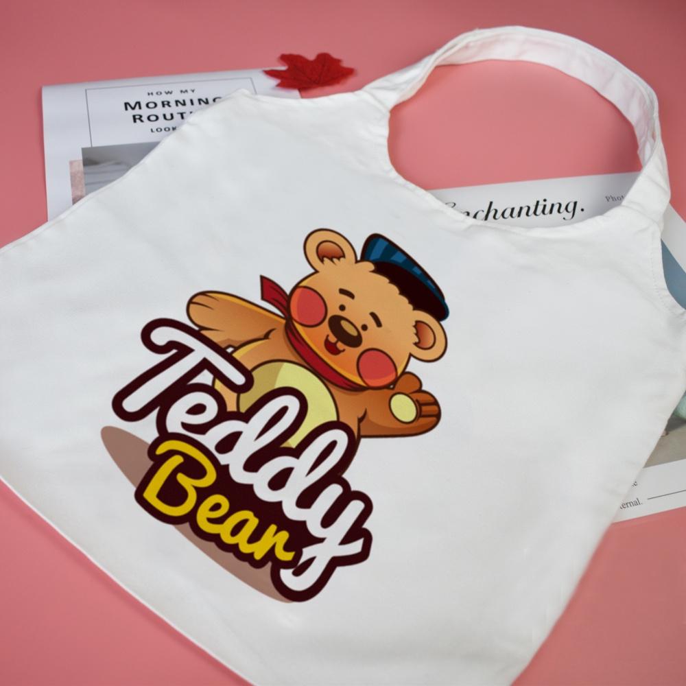 Hình ảnh Túi Tote Canvas Vải Bố In Hình Teddy Bear Quai Tròn Có Khóa Miệng Túi