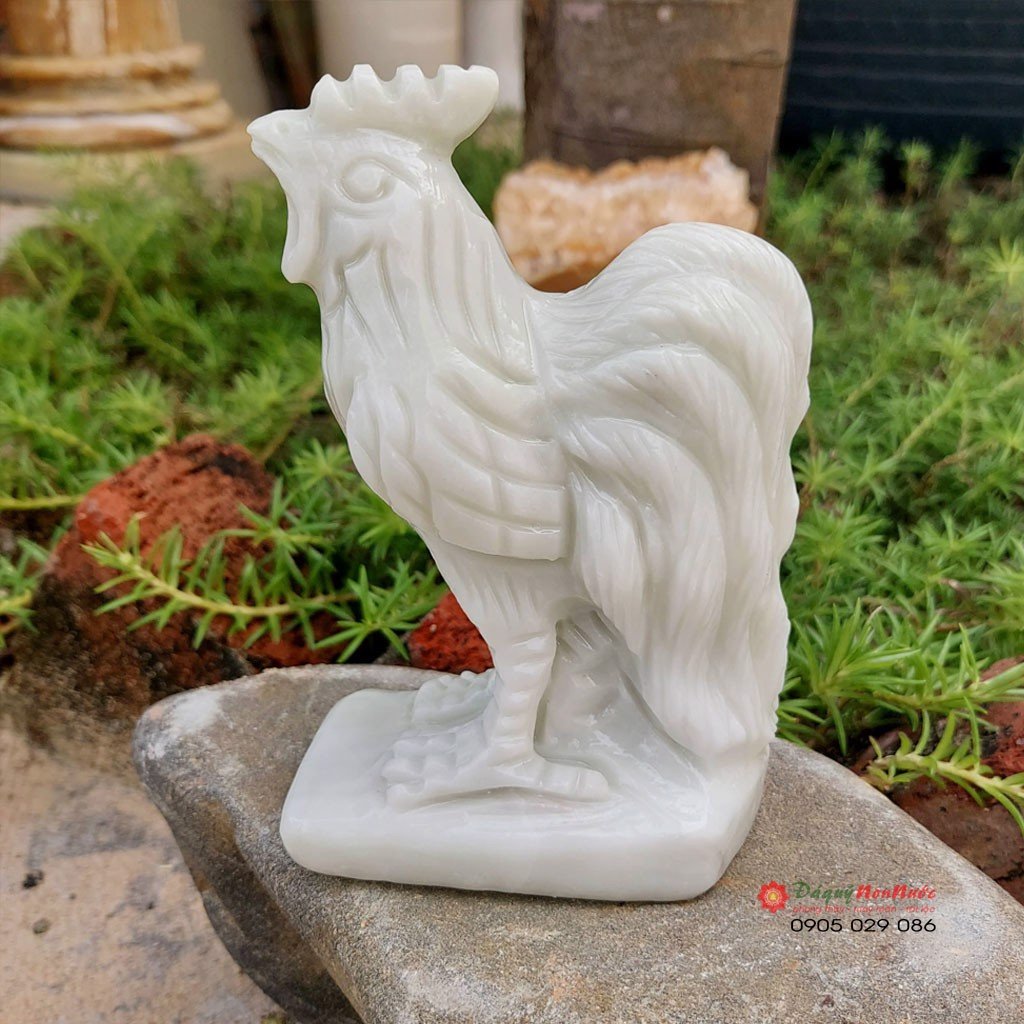 Tượng gà tuổi dậu 12 con giáp phong thủy đá trắng xanh 12cm đá Non Nước