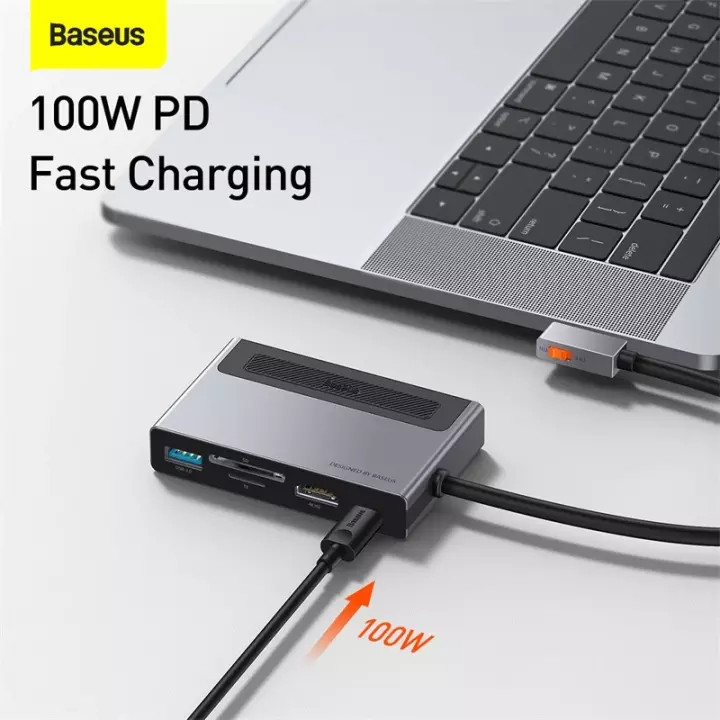 (Tặng kèm túi đựng USB tai nghe TOPK) Hub chuyển đổi Baseus 6 trong 1, hỗ trợ thẻ TF, SD, sạc nhanh PD 100W, hình ảnh 4K sắc nét,... sử dụng cho điện thoại, máy tính bảng, laptop,... Hàng chính hãng