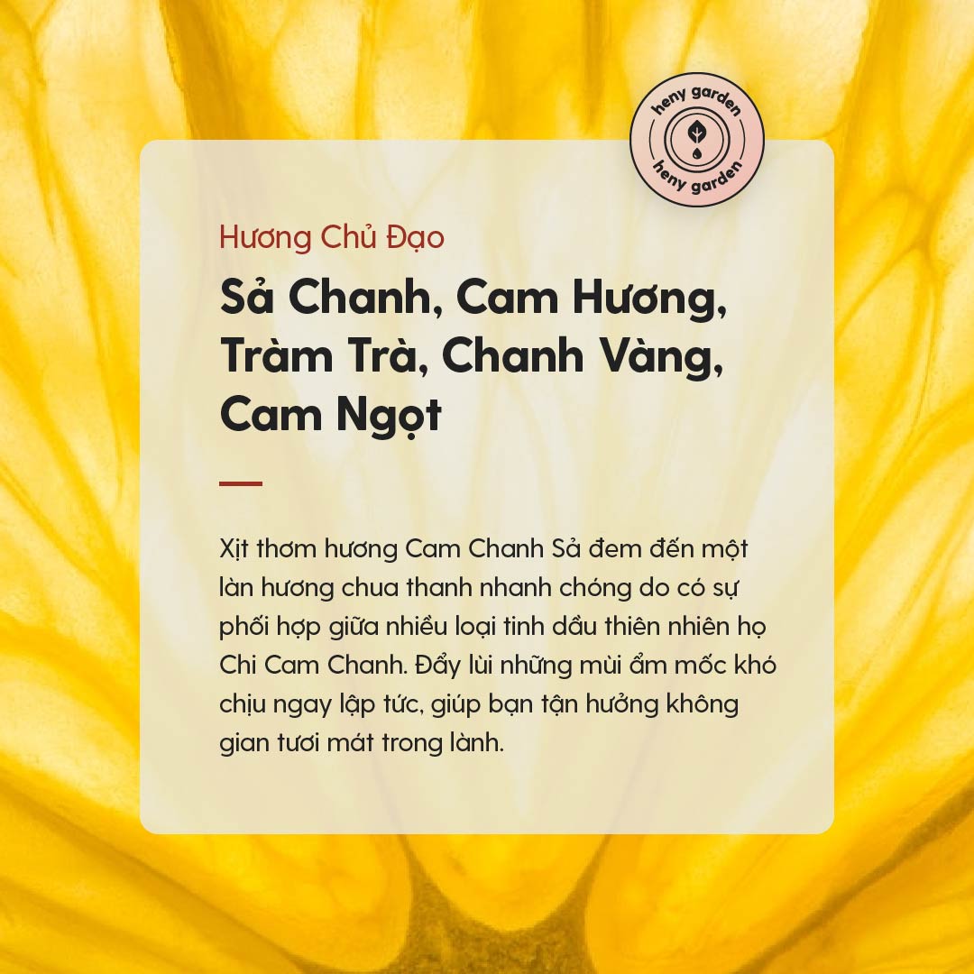Xịt Thơm Phòng Thiên Nhiên, Ướp Hương Tủ Quần Áo, Khử Mùi Hôi Giày, Khử Mùi Chó Mèo & Diệt Khuẩn – Hương Cam Chanh Sả 100ml Heny Garden