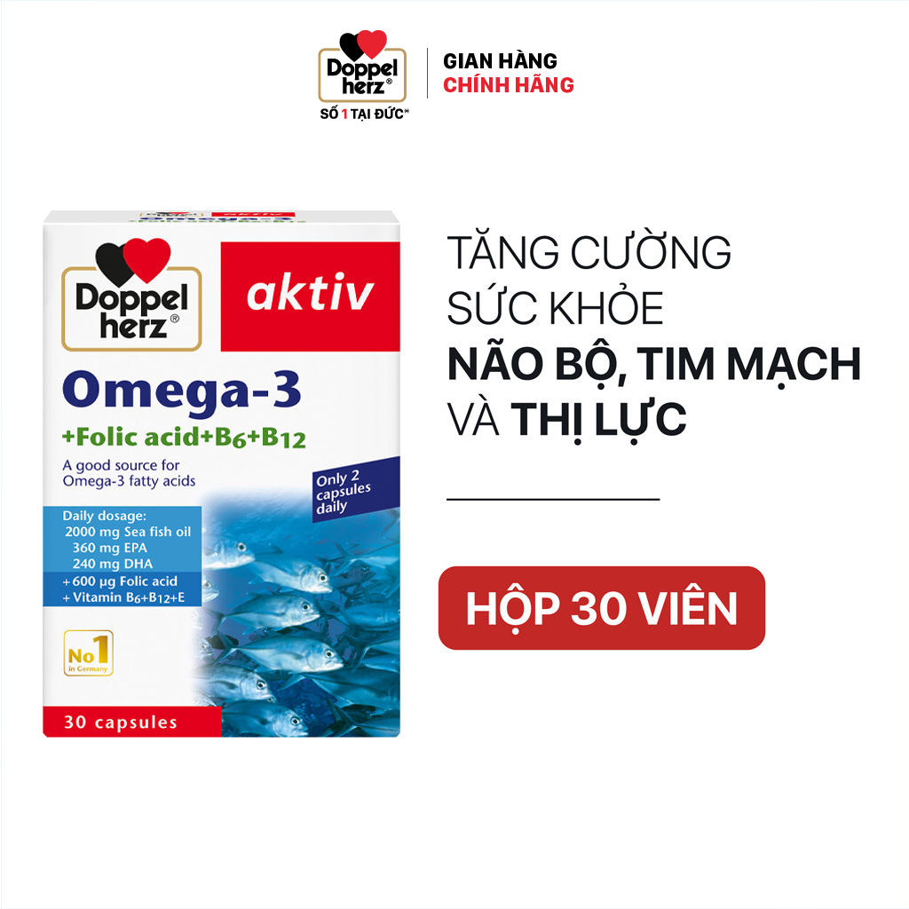 Viên uống tăng cường thị lực, tim mạch và não bộ Doppelherz Aktiv Omega-3 + Folic acid + B6 + B12