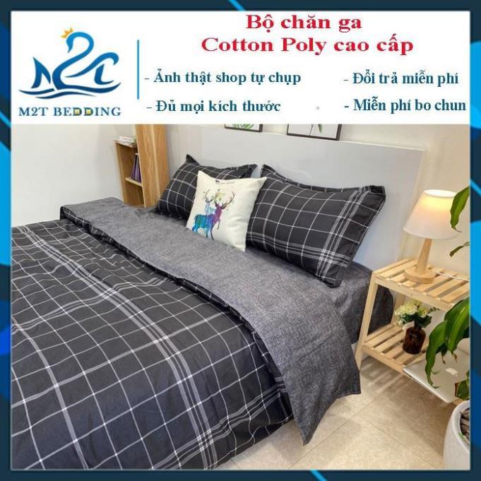 - Bộ chăn ga gối Cotton Poly bedding chăn ga nhập khẩu kẻ ô đen to miễn phí bo chun drap ga giường