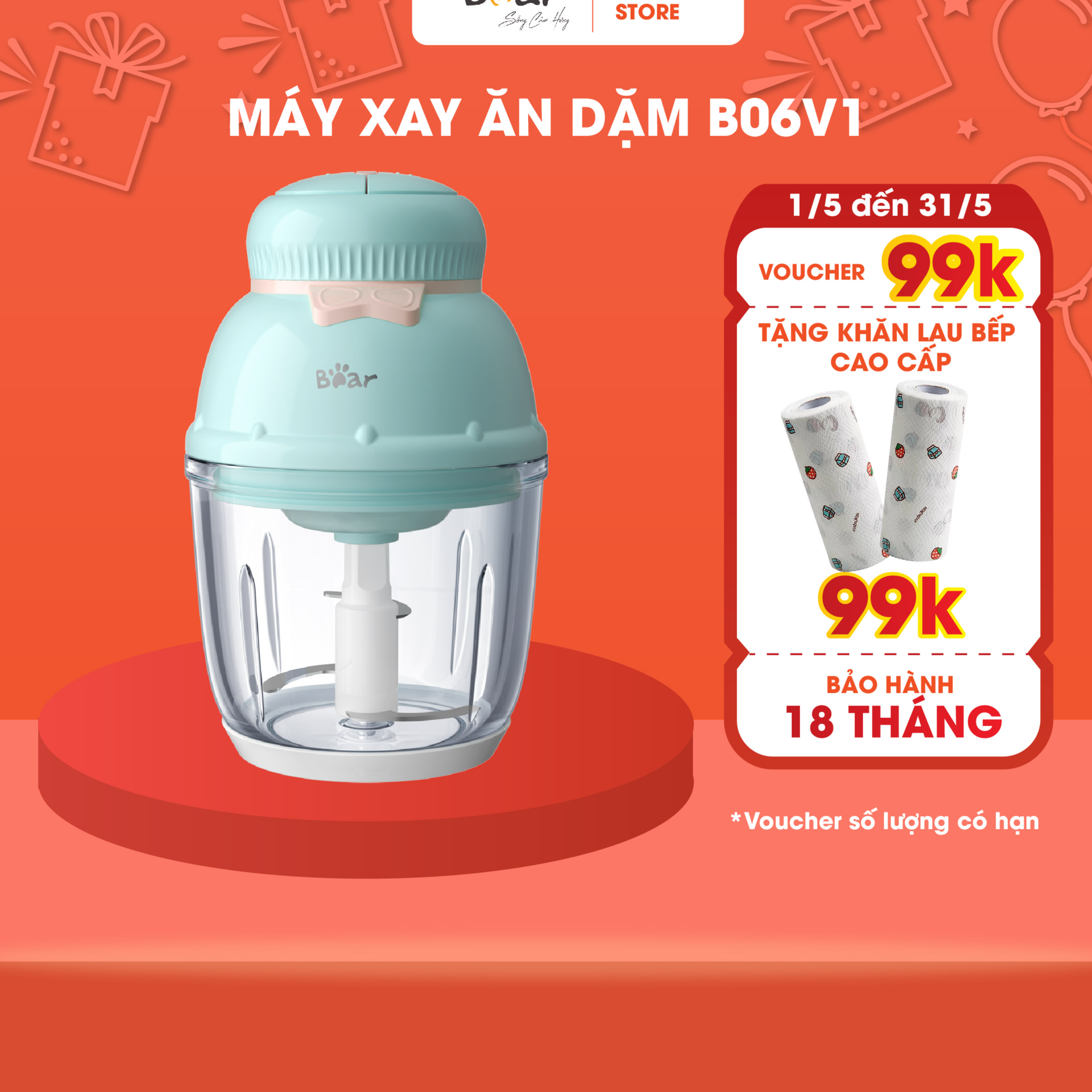 Máy xay ăn dặm 0,6L Bear B06V1 - Đa năng, tiện dụng cho bé - Hàng nhập khẩu