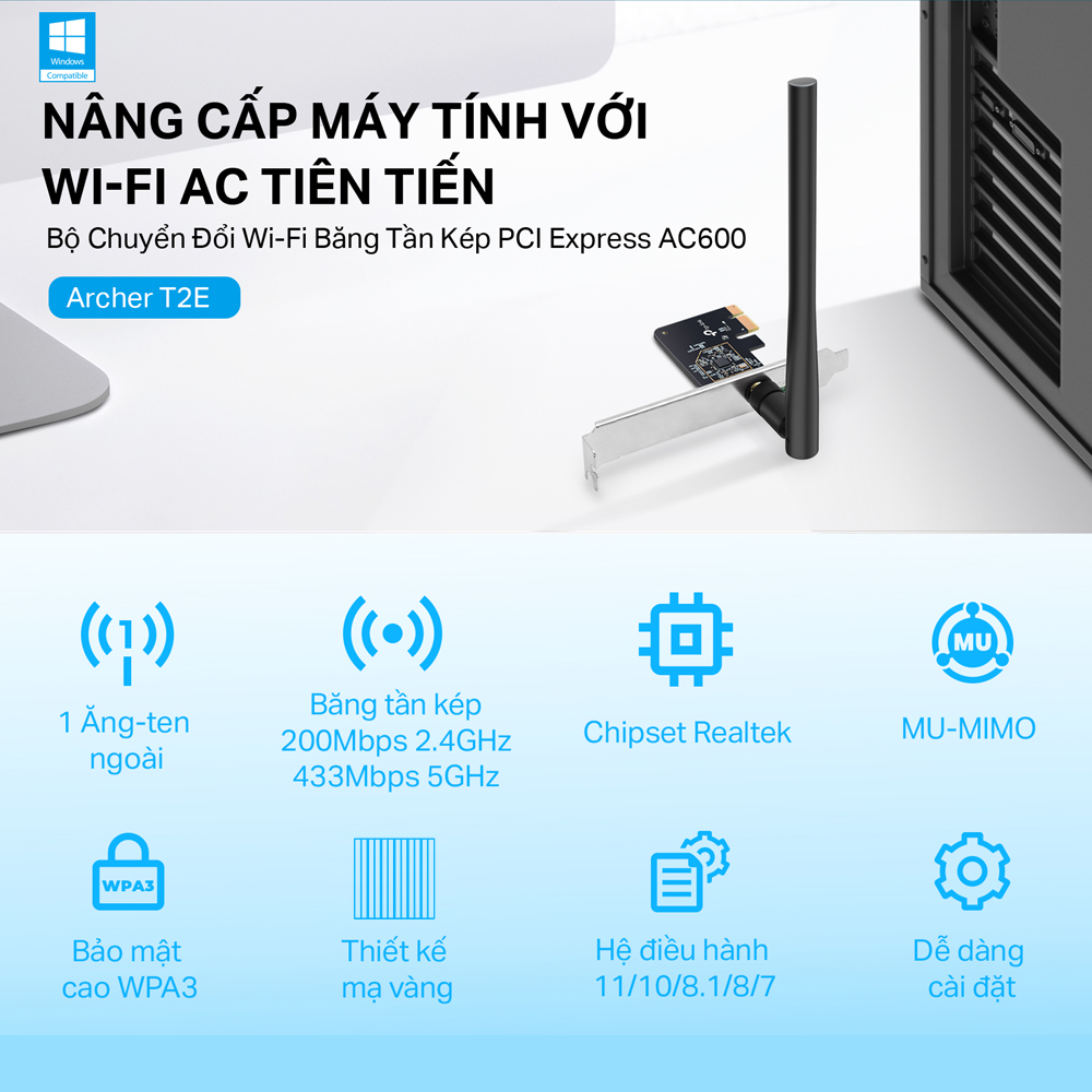 Bộ Chuyển Đổi Card Mạng Wifi TP-Link Archer T2E PCIe Băng Tần Kép AC600 - Hàng Chính Hãng