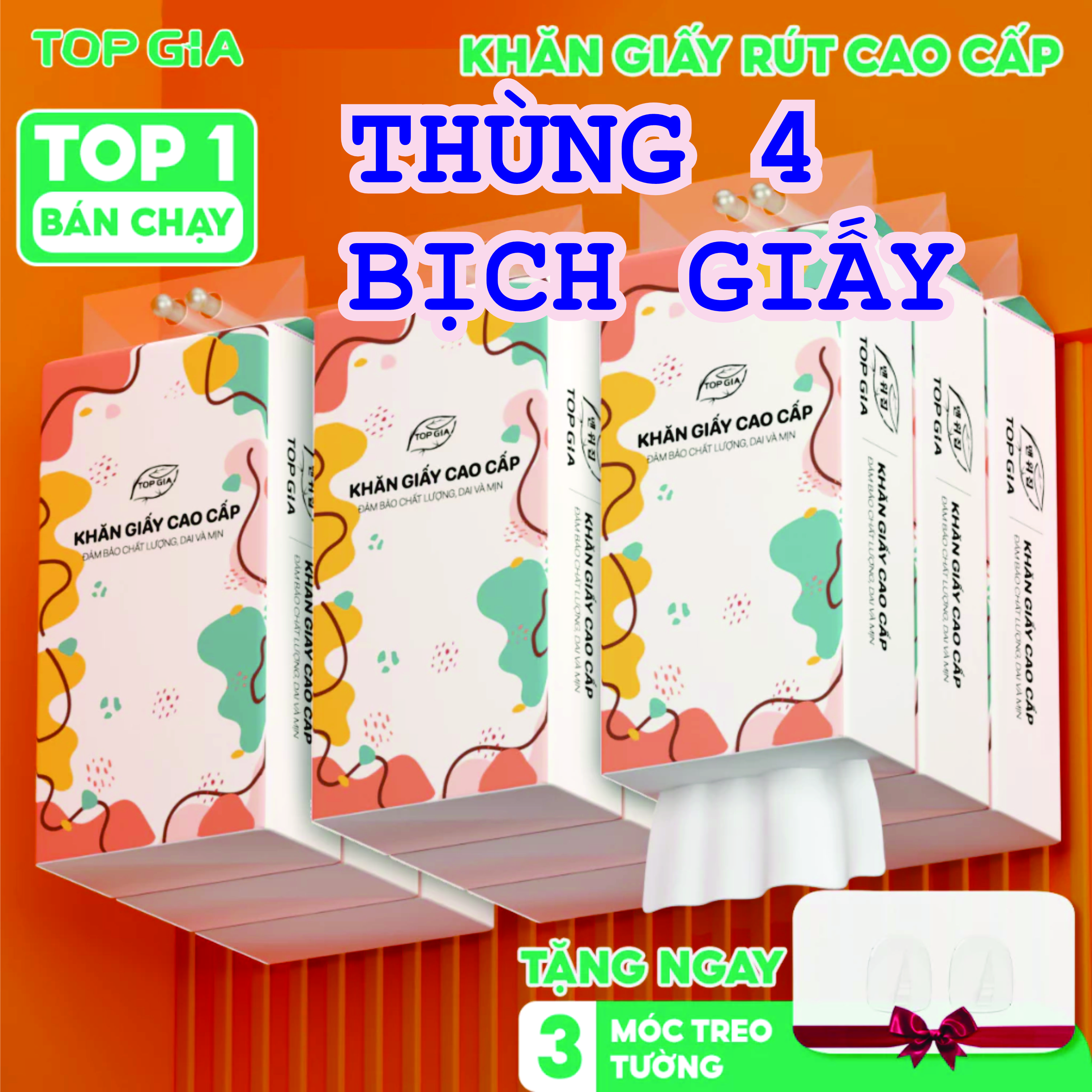 Giấy vệ sinh treo tường TopGia thùng 6 bịch đa sắc làm từ bột gỗ nguyên chất, 1280 tờ 4 lớp siêu dai cao cấp