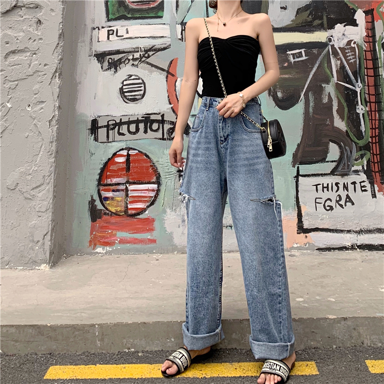 Quần jeans nữ cạp cao ống rộng rách đùi ulzzang, thời trang phong cách trẻ