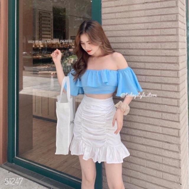 Sét áo nhún bèo 2 lớp trễ vai kèm chân váy nhún siêu xinh