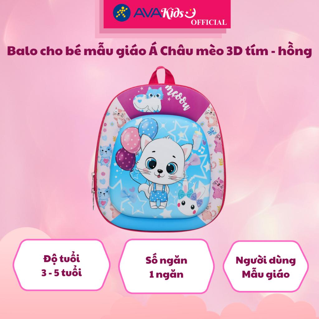 Balo cho bé mẫu giáo Á Châu mèo 3D tím - hồng