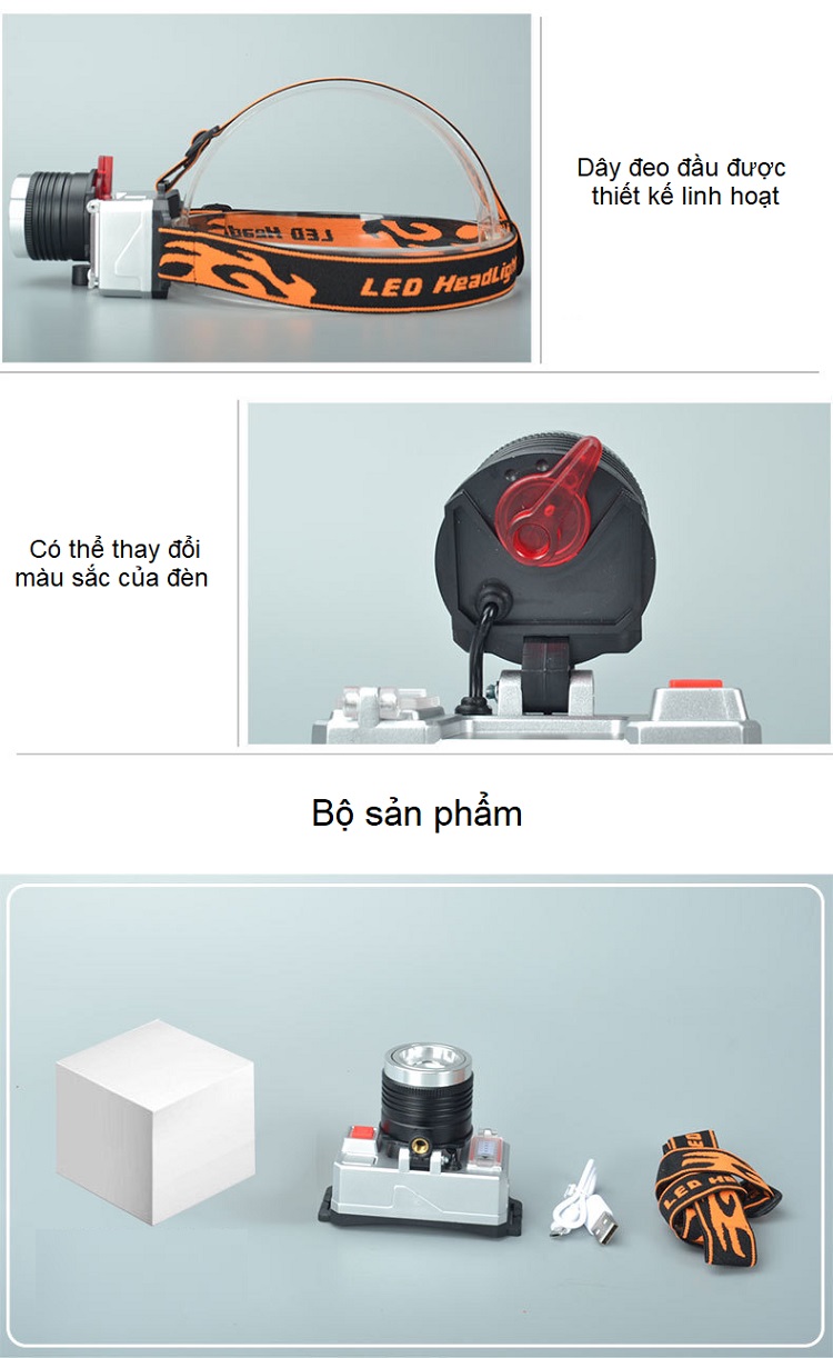 Đèn pin đeo trán 3 màu T10 chip XPE Q5