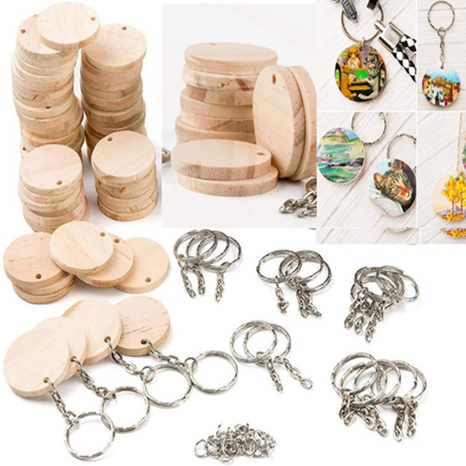 Wooden Keychain Blanks, Round Wooden Slices Pendant Charm Key Chains Blanks and Keychain Pendant Keyring for DIY Key Rings