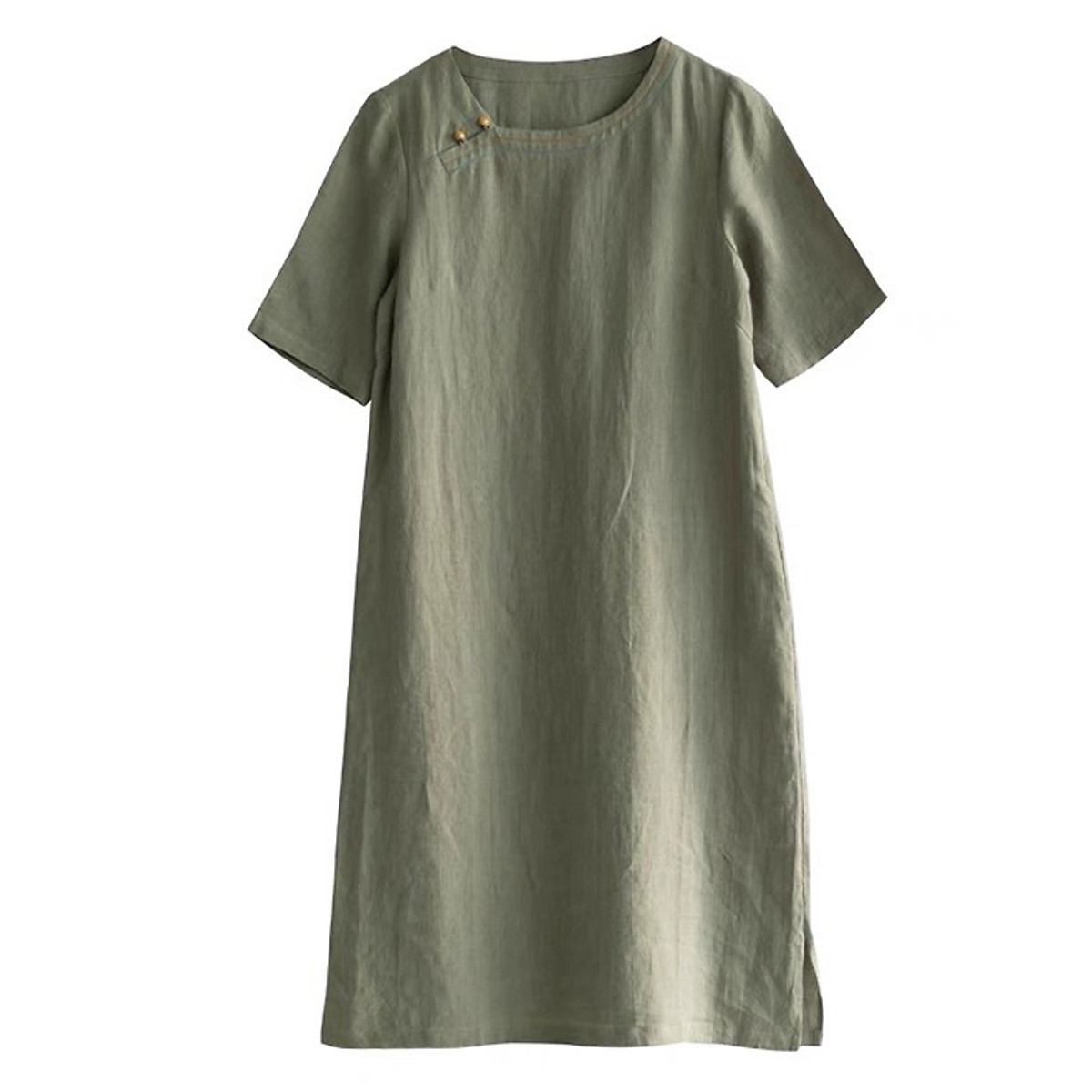Đầm suông Linen bột Premium cổ vuông Xanh rêu trẻ trung
