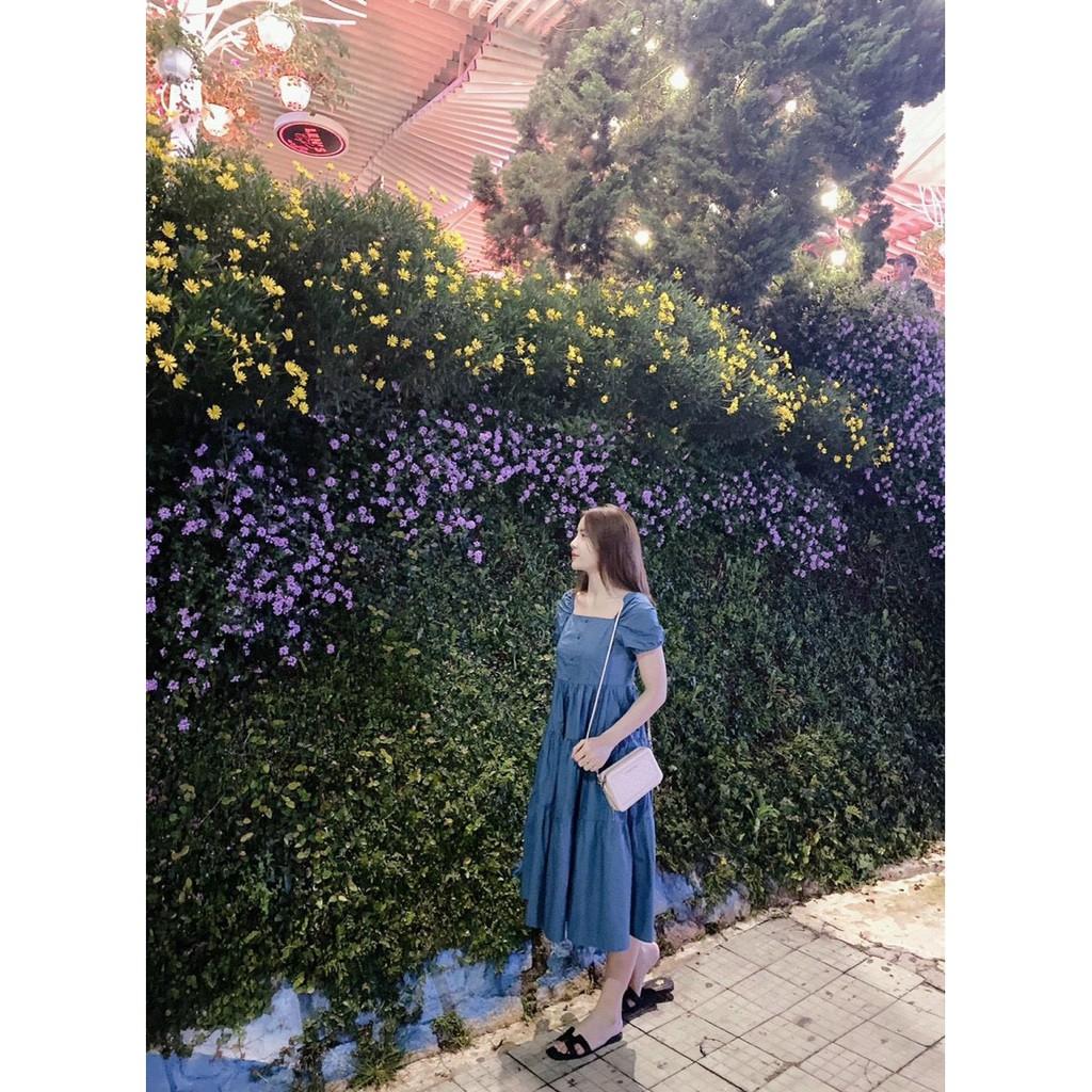 Váy Xanh Babydoll tay bồng chân xếp, Váy babydoll dáng xòe siêu xinh