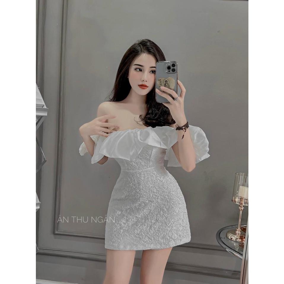 Đầm váy nữ xòe bèo trễ vái 2 màu thanh lịch phối gấm tôn dáng ( có mút ngực ) thời trang dự tiệc, dạo phố Hàn Quốc