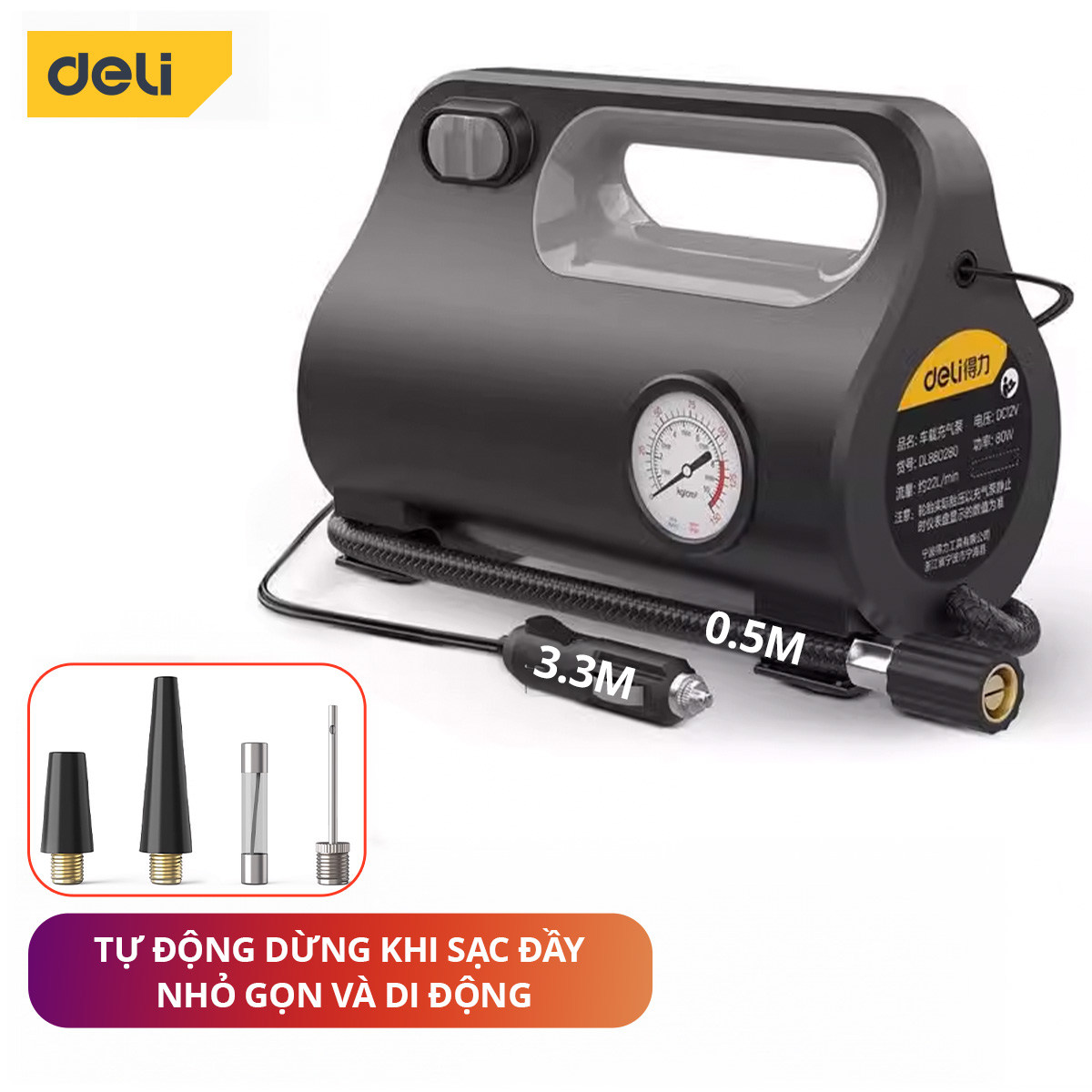 Máy Bơm Lốp Xe Chống Ồn 80W Màn Mình Kỹ Thuật Số DELI Có Dây - Bơm Lốp Ô Tô, Xe Máy, Bóng