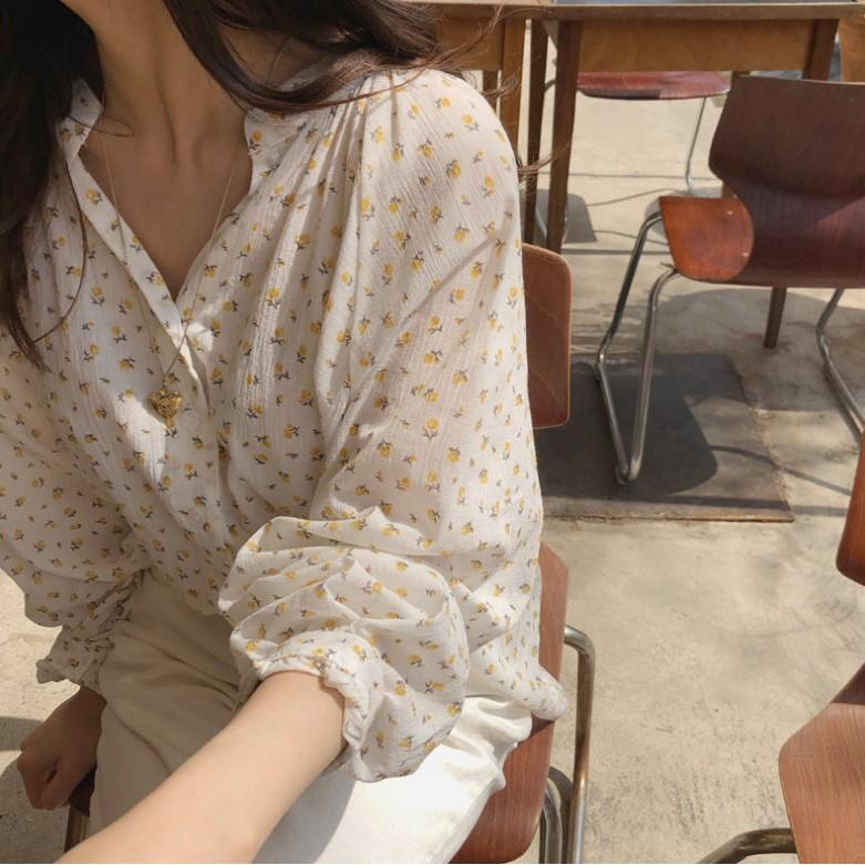 Áo sơ mi hoa nhí dài tay viền bèo thời trang Hàn Quốc, Áo sơ mi họa tiết hoa nhí cực xinh ngày hè
