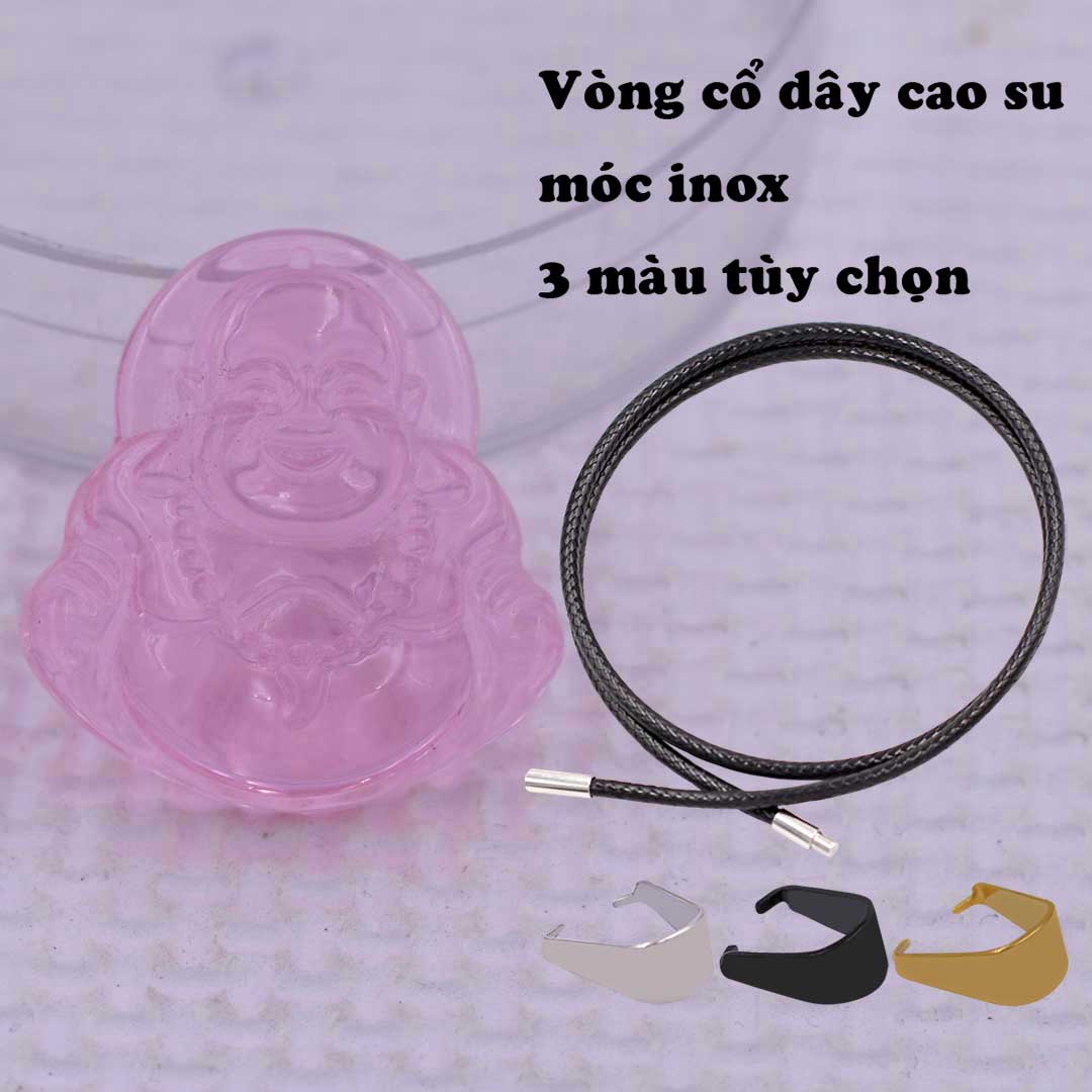 Mặt Phật Di lặc Pha lê hồng 3.6 cm kèm vòng cổ dây cao su đen + móc inox vàng, mặt dây chuyền Phật cười