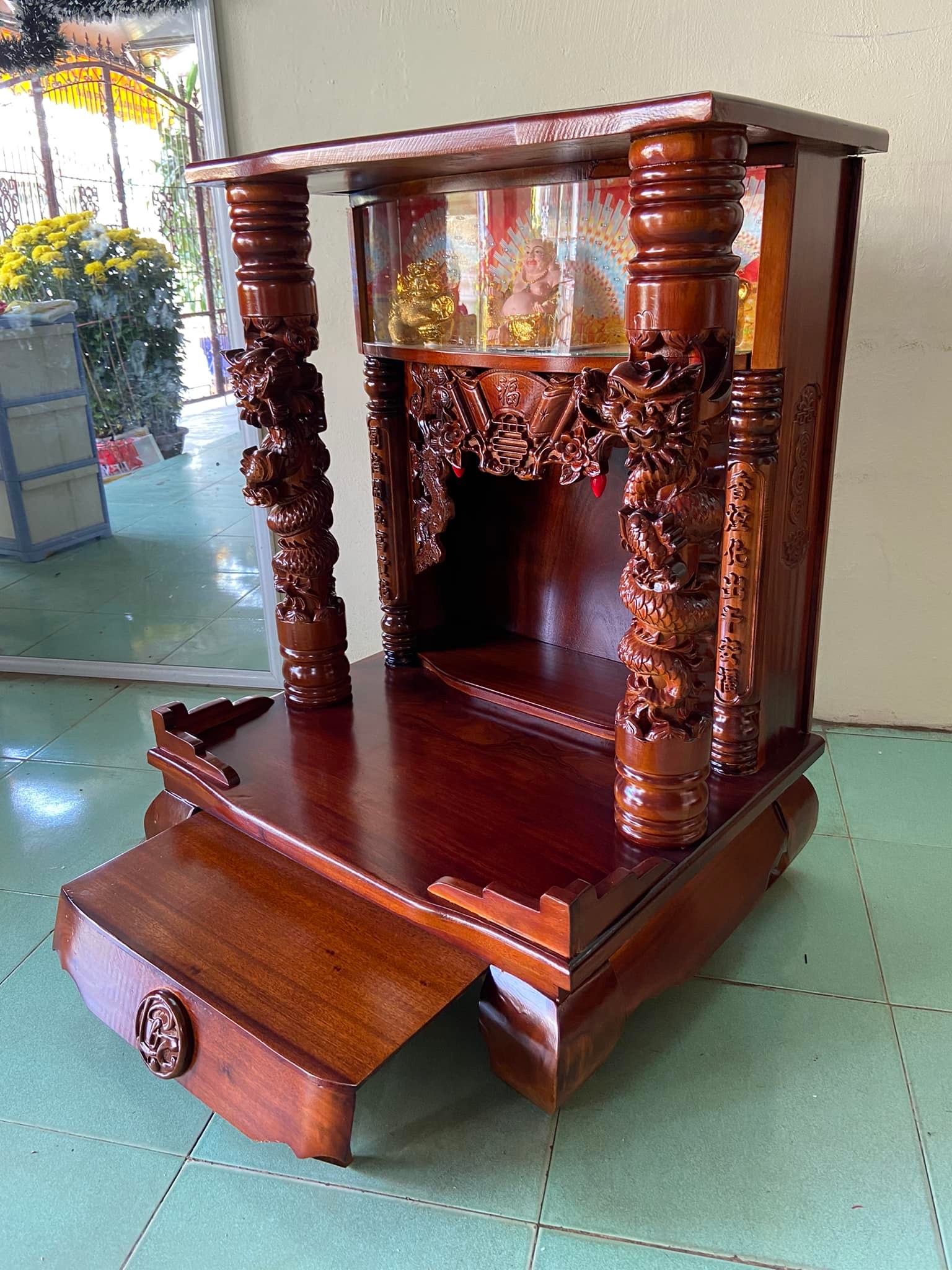 Bàn thờ thần tài ông địa mẫu  Rồng Cuộn cao cấp, có hộp đèn 80 x 68 x 108CM