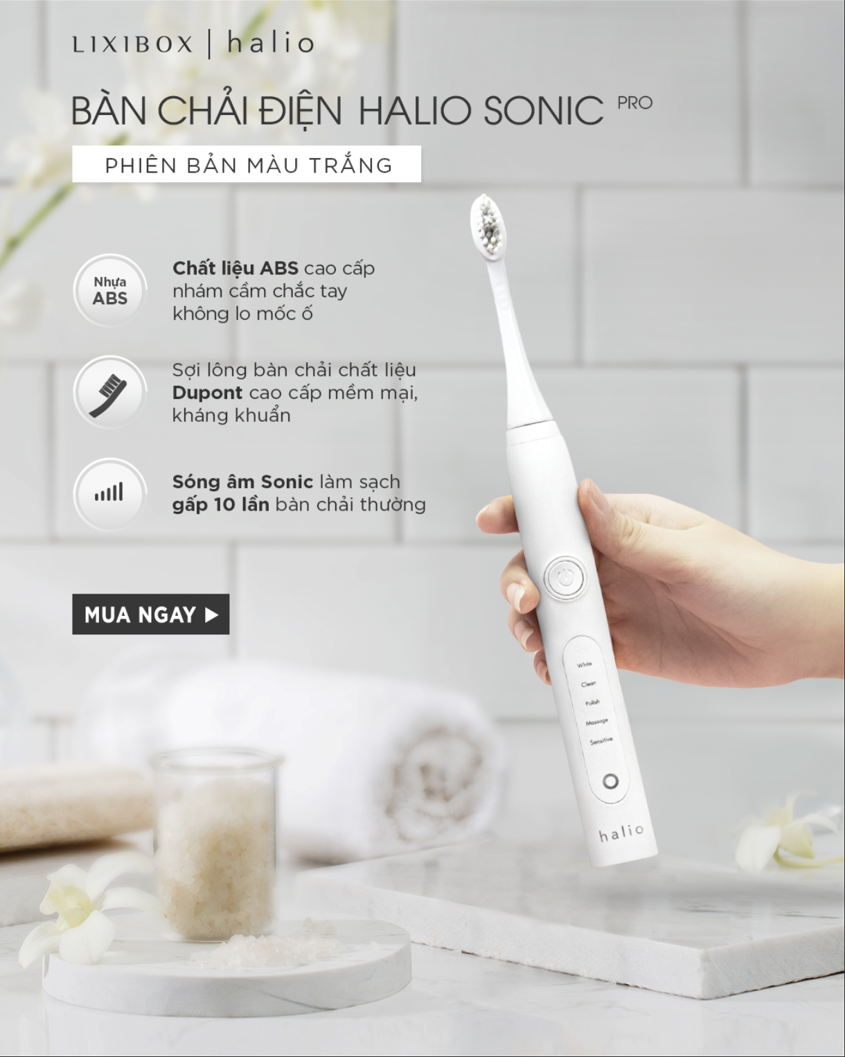 Combo Bàn chải điện Sonic Whitening Toothbrush - White và Máy Tăm Nước Cầm Tay Halio UltraClean Oral Irrigator - Periwinkle