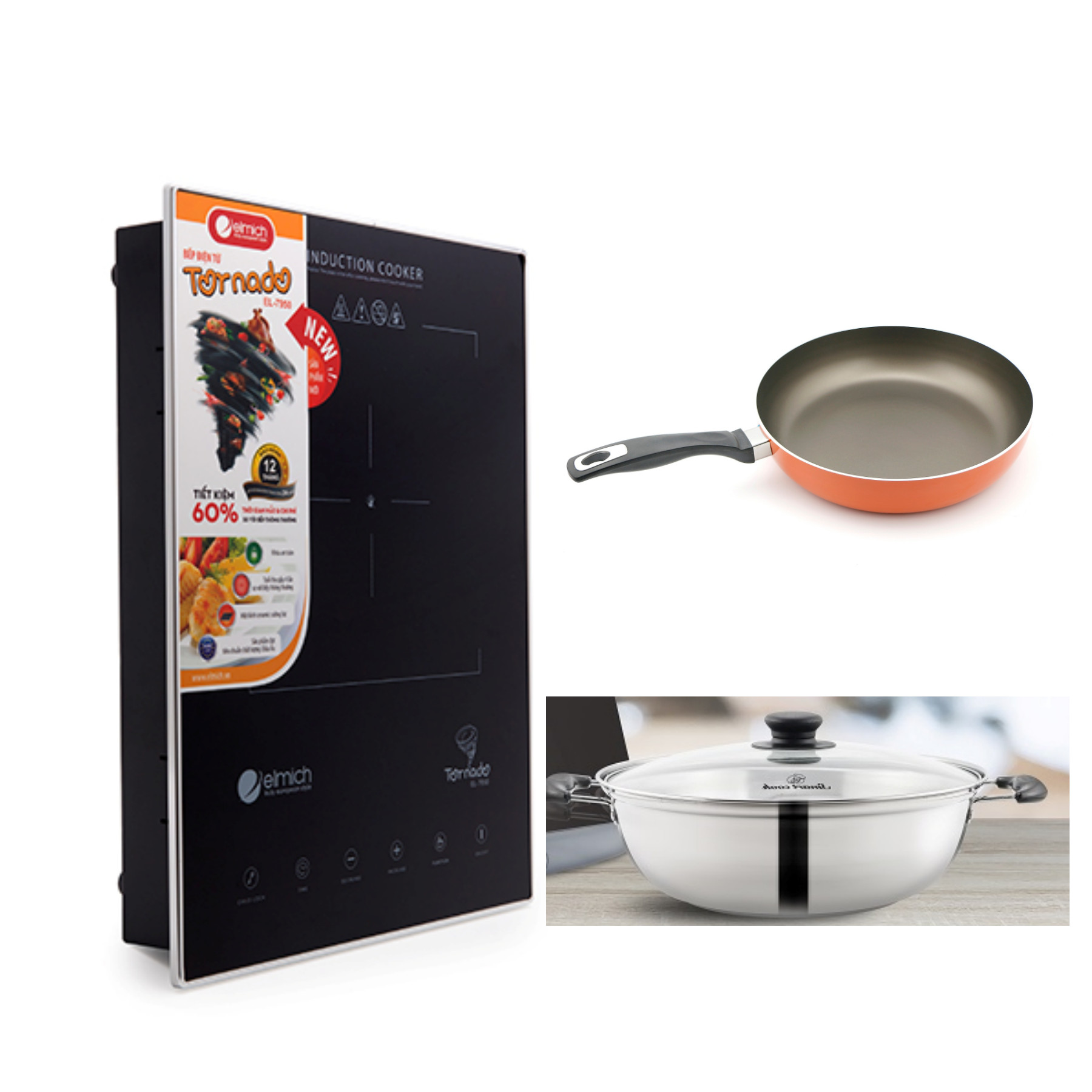 COMBO BẾP TỪ ELMICH 2357950  + NỒI LẨU INOX 3 LỚP & CHẢO CHỐNG DÍNH 26cm