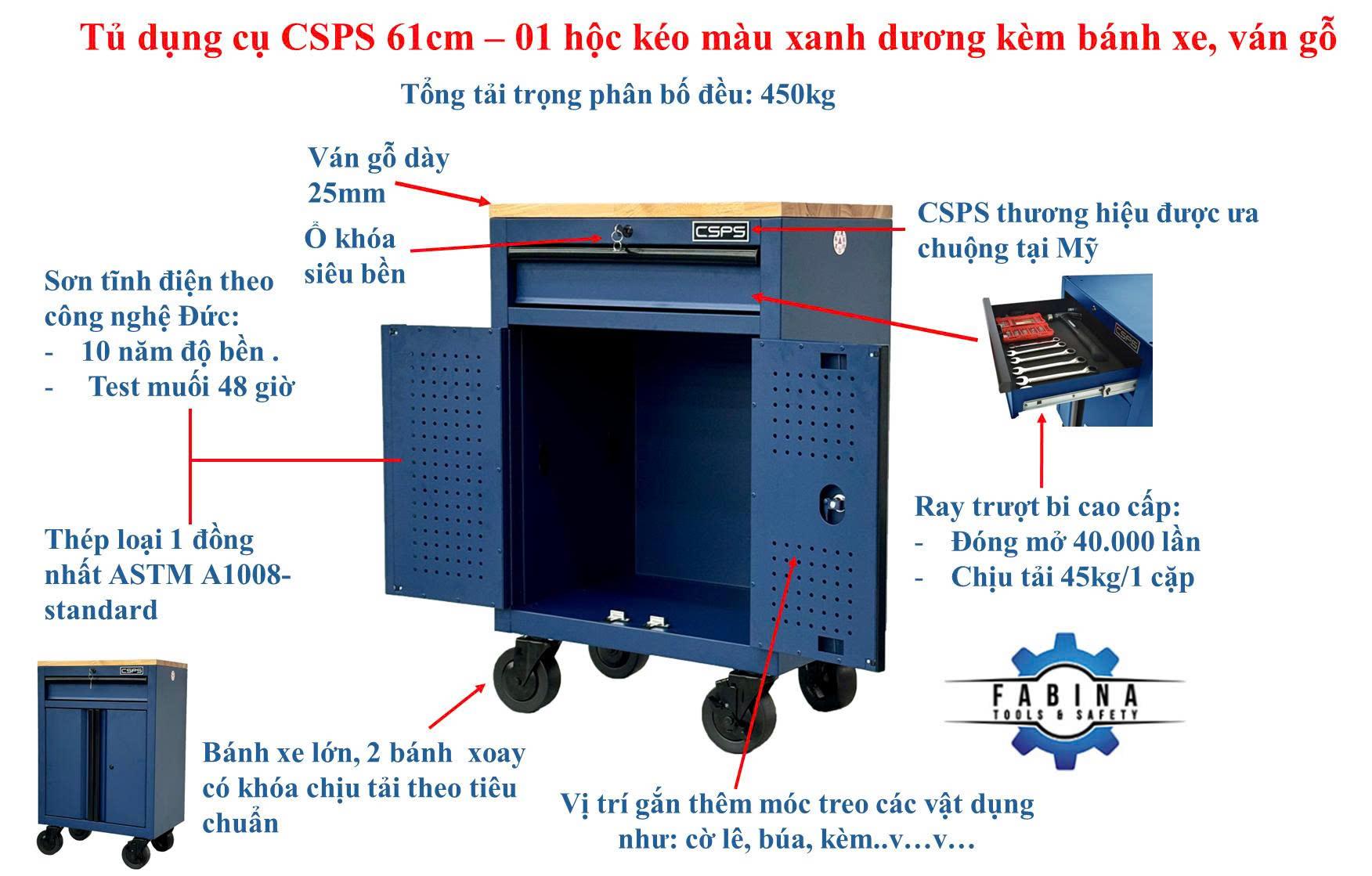 Tủ dụng cụ CSPS 61cm - 01 hộc kéo màu xanh dương kèm bánh xe, ván gỗ