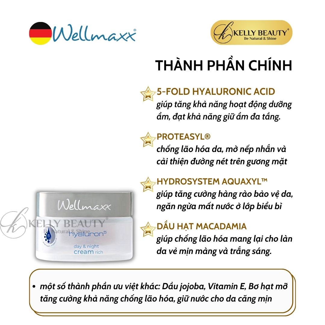 Kem Dưỡng Ẩm WELLMAXX Hyaluron5 Day and Night Cream Rich - Cấp Ẩm Sâu, Da Căng Mịn, Đàn Hồi; Mờ Nếp Nhăn - Kelly Beauty