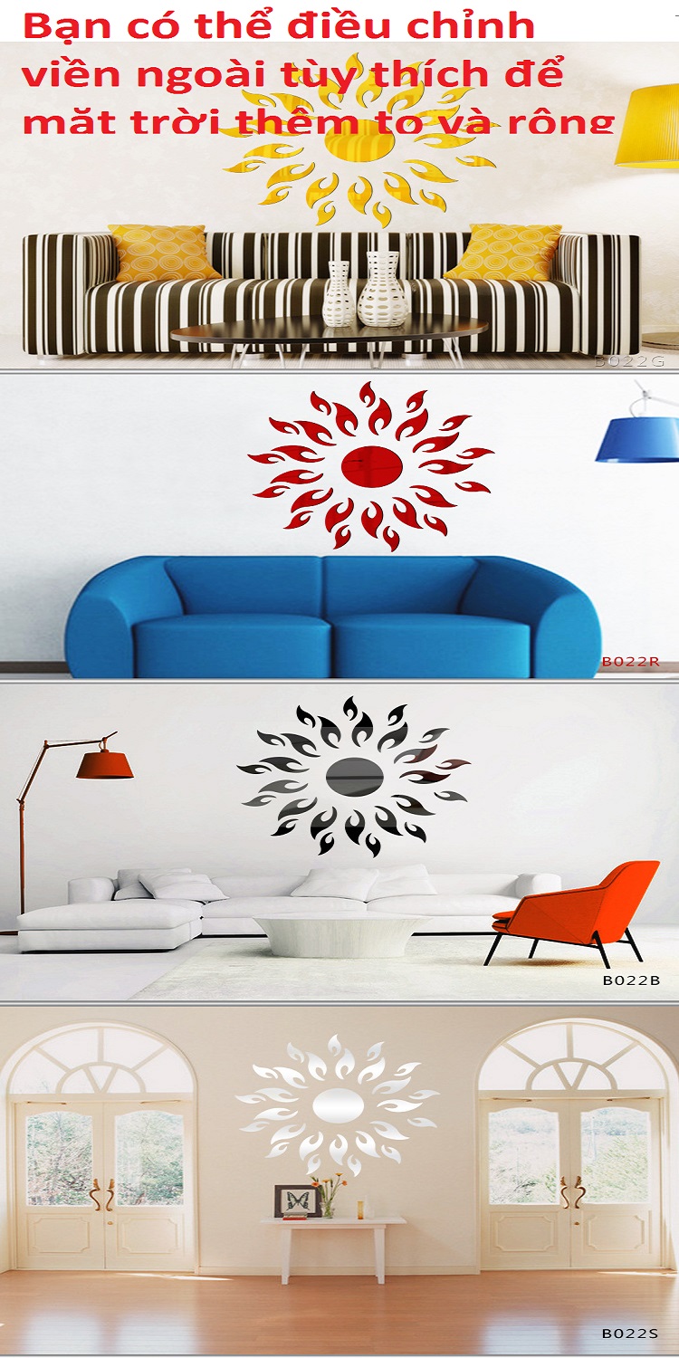 Decal dán tường trang trí gương mặt trời nghệ thuật sang trọng dán kính, tường, gỗ