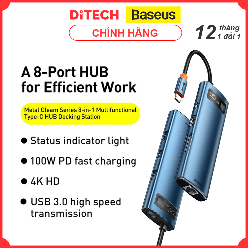 HUB chuyển đổi Baseus Metal Gleam Type-C 8 trong 1, Xanh - Hàng chính hãng