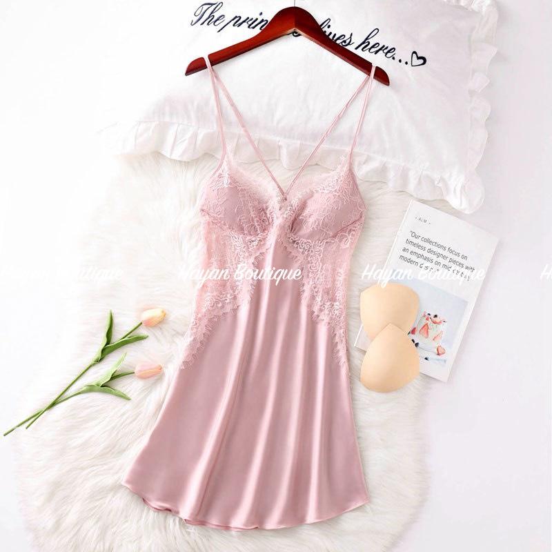 Váy ngủ sexy ren viền eo, váy ngủ lụa phối ren gợi cảm KÈM MÚT NGỰC #HT50
