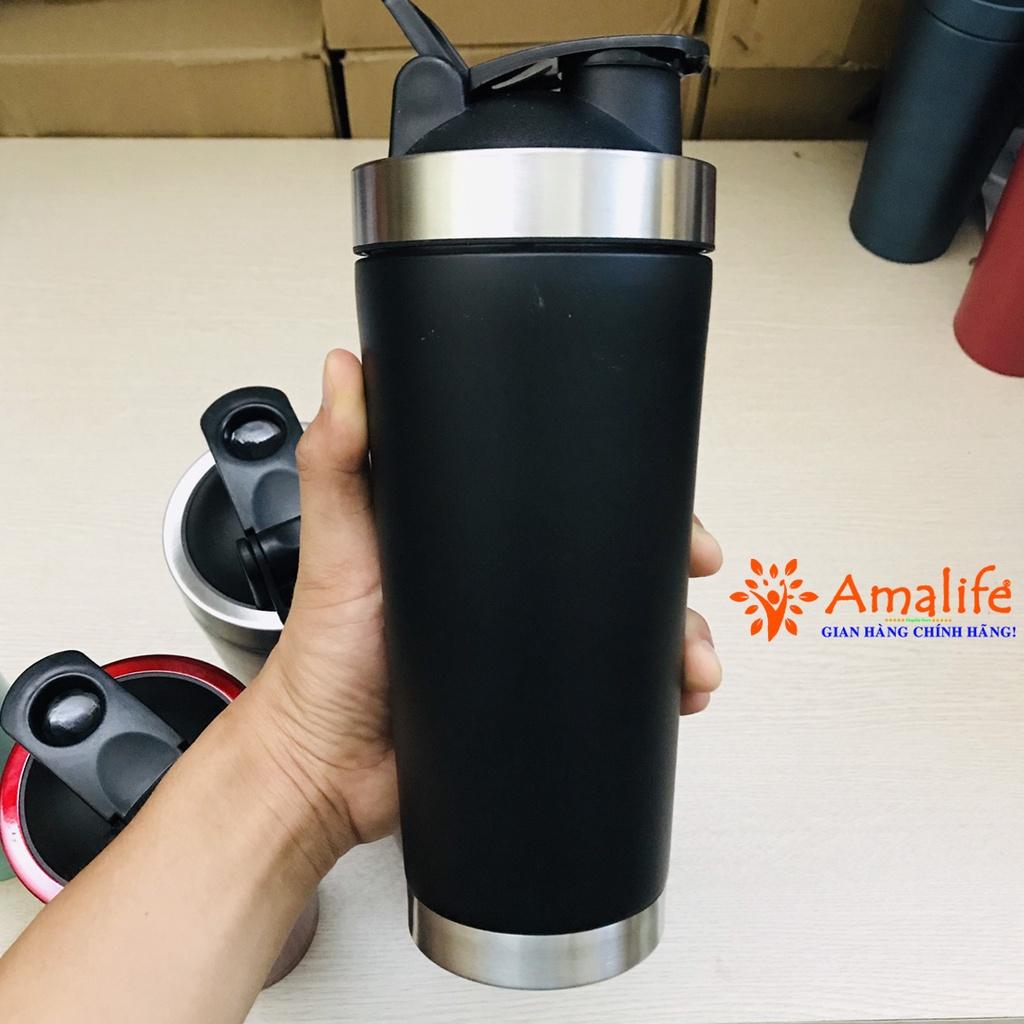 Bình Lắc Shaker Đựng Nước Inox 800ml – Màu Đen Bạc - Tập Gym Thể Thao Chính Hãng Amalife – Kèm Bóng Lò Xo