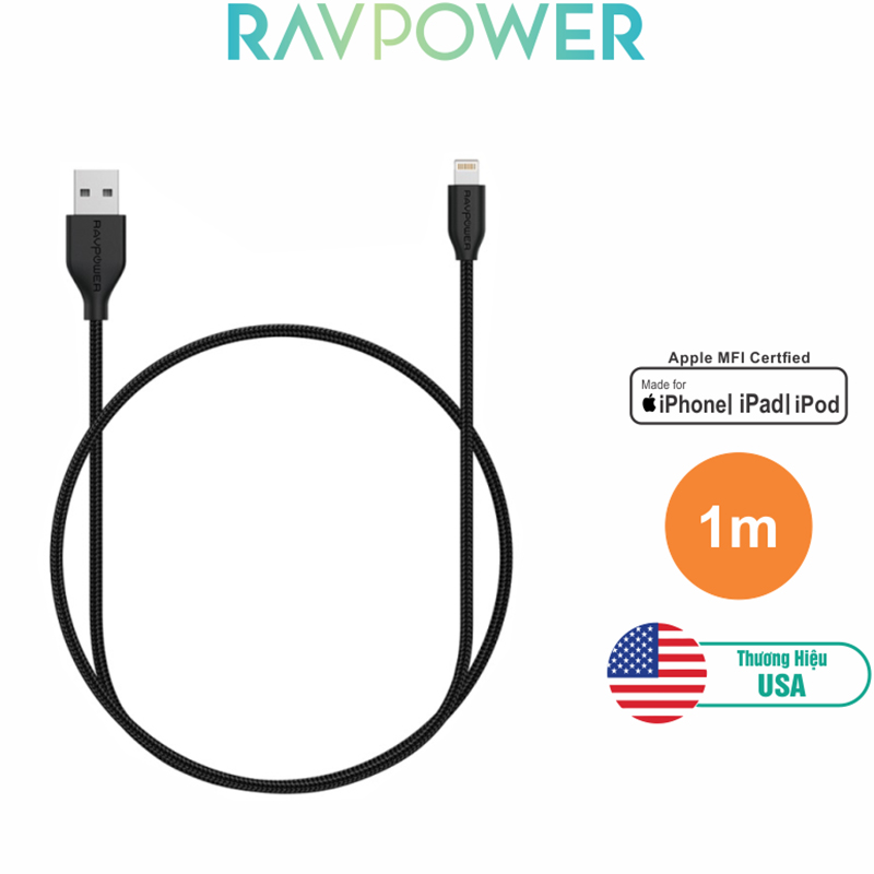 Dây Cáp Sạc Lightning Cho Iphone RAVPower 0.9m RP-CB019 Chuẩn MFi - Hàng Chính Hãng