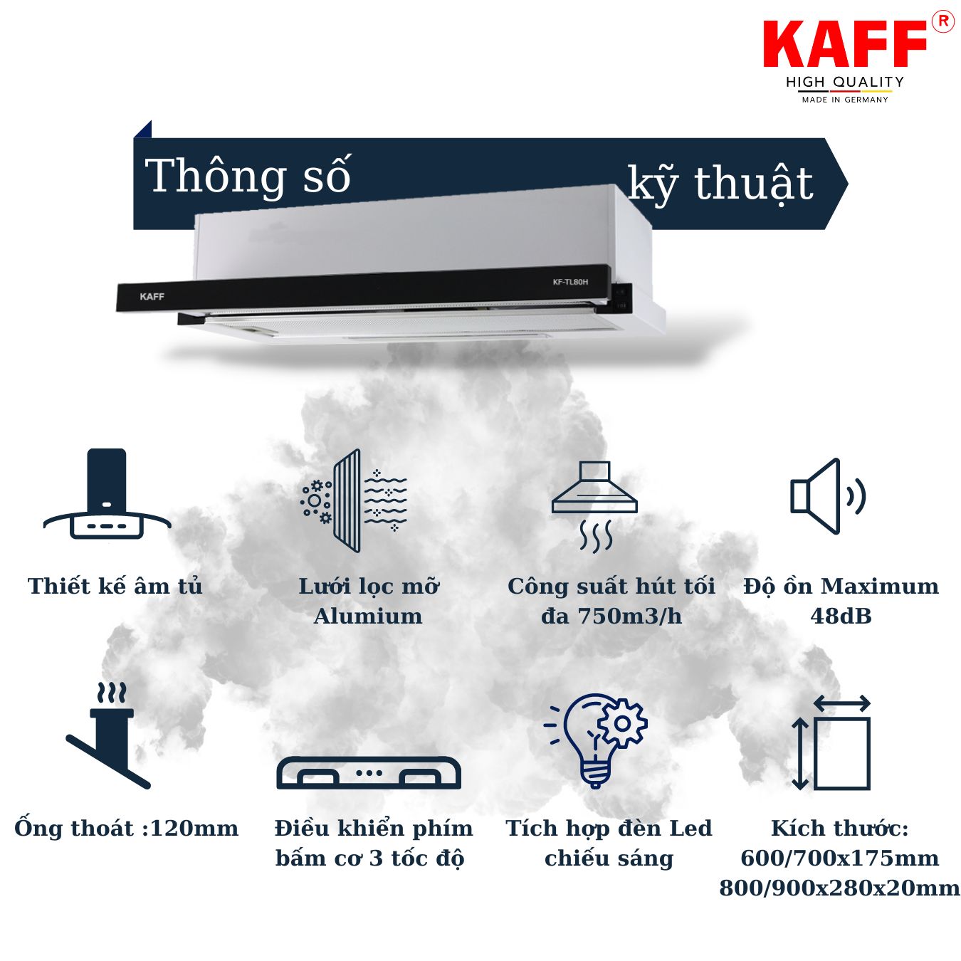 Máy hút mùi âm tủ ray kéo inox phối kính 900mm KAFF KF-TL90H Tặng bộ lọc than thay thế - Hàng Chính Hãng