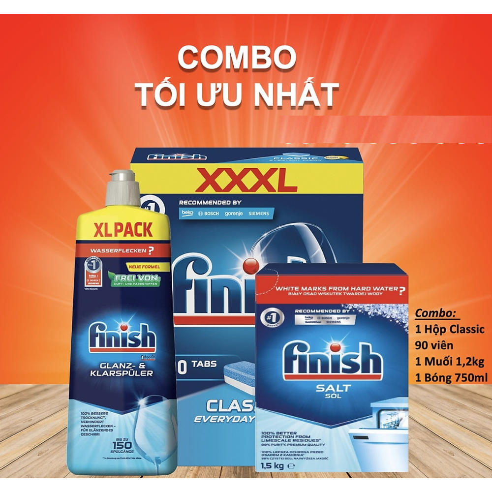 Combo viên rửa bát finish 90 viên + nước làm bóng finish 750ml + muối rửa chén finish 1,5kg