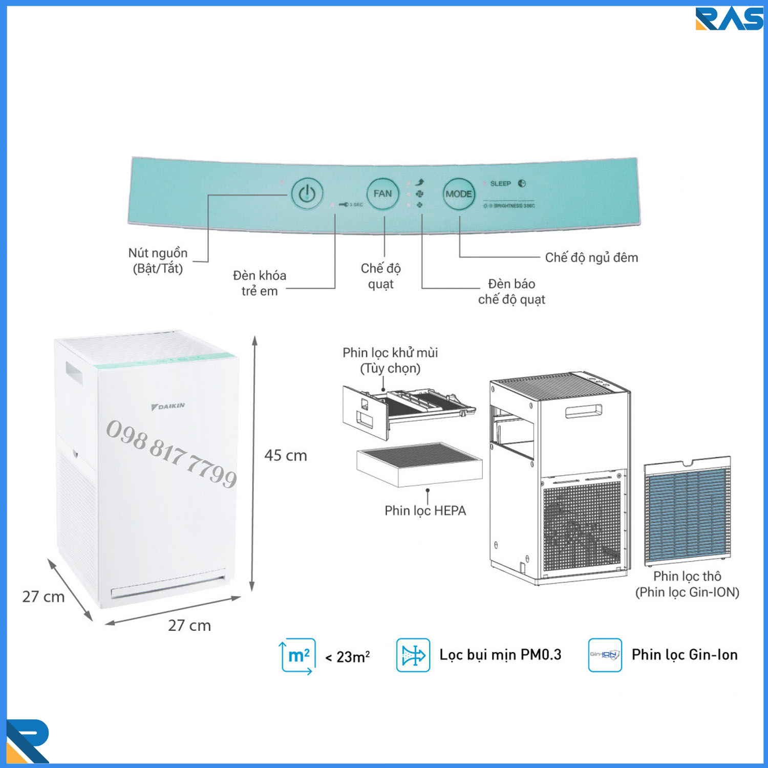 Máy lọc không khí Daikin MCQ30ZVM7 Ba Màu Lọc khí sạch với phin lọc Gin-Ion dành cho phòng 23m2 - Hàng Chính Hãng