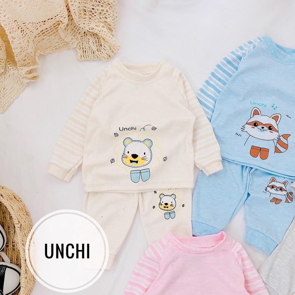 Bộ Cotton Nỉ Dài Tay Kẻ Unchi In Hình Siêu Cưng Cho Bé - H2 - Vàng