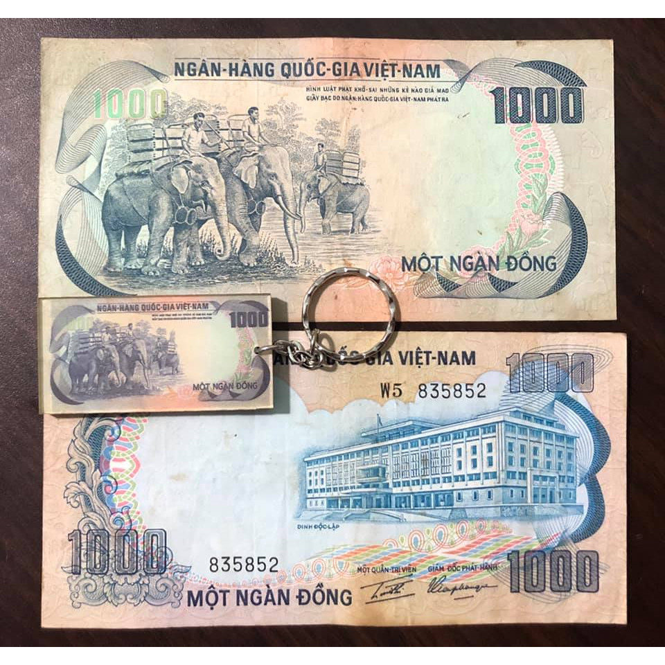 01 tờ con voi 1000 đồng, tiền cổ Việt Nam sưu tầm, kèm 01 móc khóa tờ tiền đó
