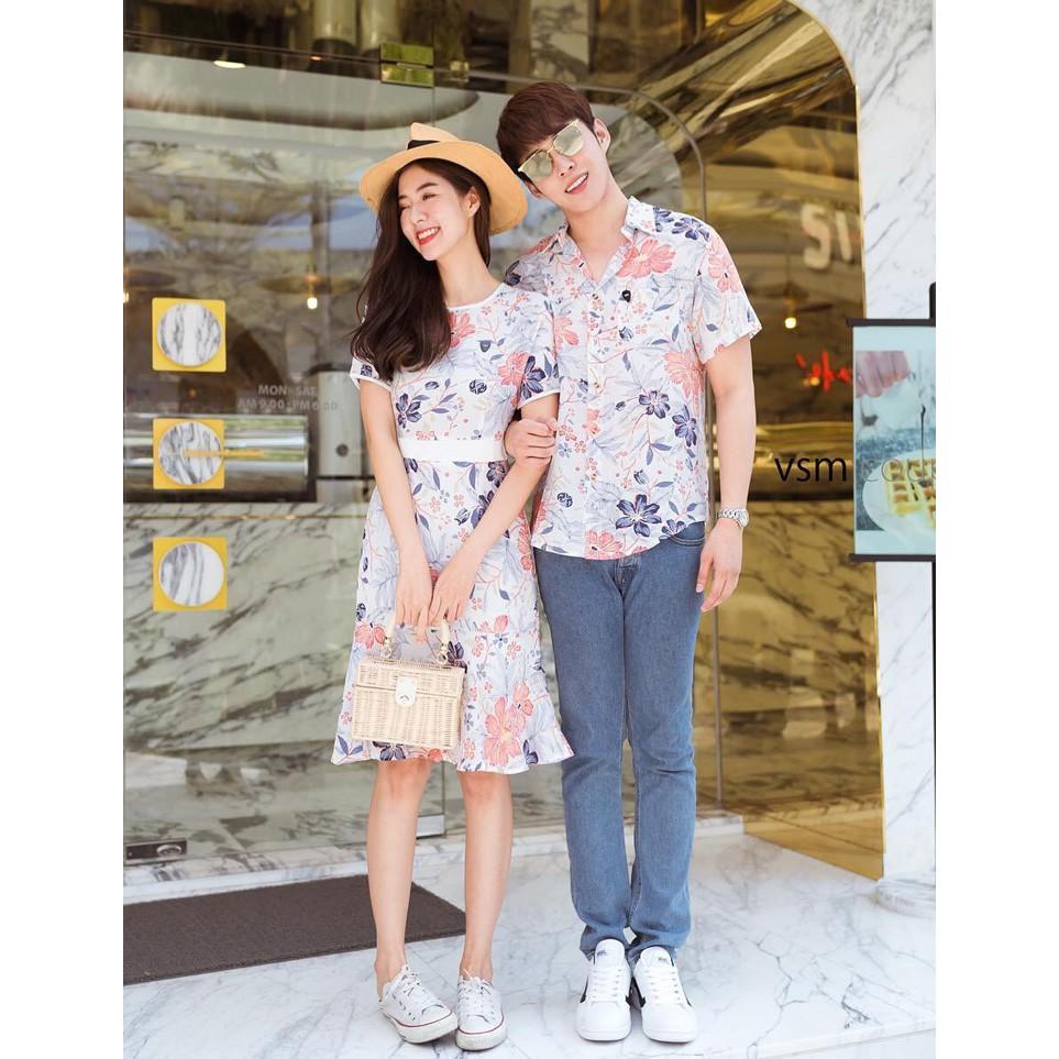 Set áo váy đôi FREESHIP sơ mi nam váy nữ Áo đôi đi biển hoa lá COUPLE AV45