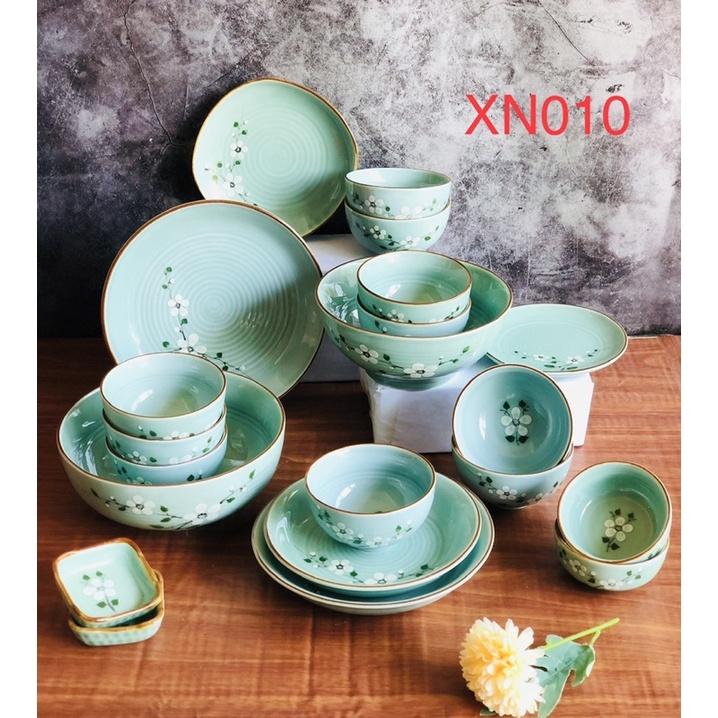Set bát đĩa 21 món, men xanh ngọc. Gốm sứ Bát Tràng.