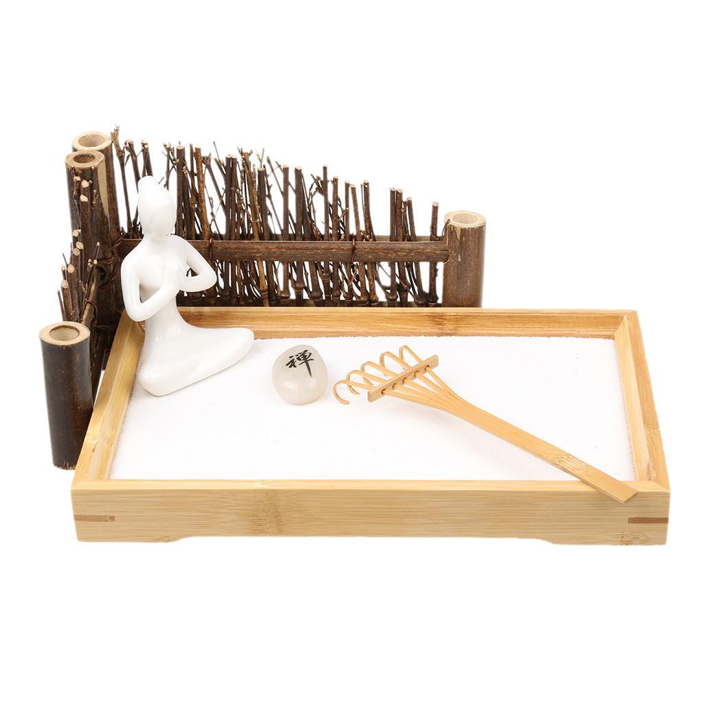 Zen Garden Sand Tray Buddha Stone Rake Bamboo Tray Home Room Ornament #1