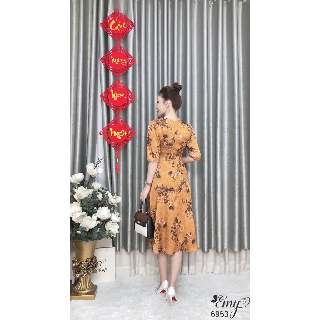 Đầm EMY EM6953 Xoè Lụa Vân Pháp Vàng Gold
