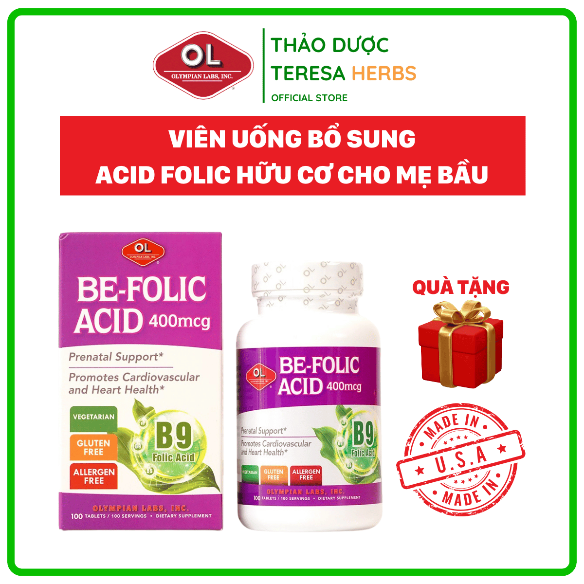 Be-Folic Acid Bổ sung axit folic cho bà bầu Olympian Labs 100 viên