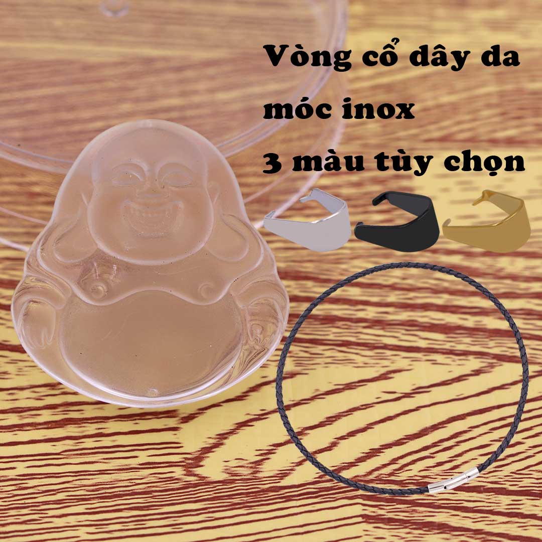 Mặt Phật Di lặc pha lê trắng 4.5 cm  kèm vòng cổ dây da đen + móc inox trắng, mặt dây chuyền Phật cười