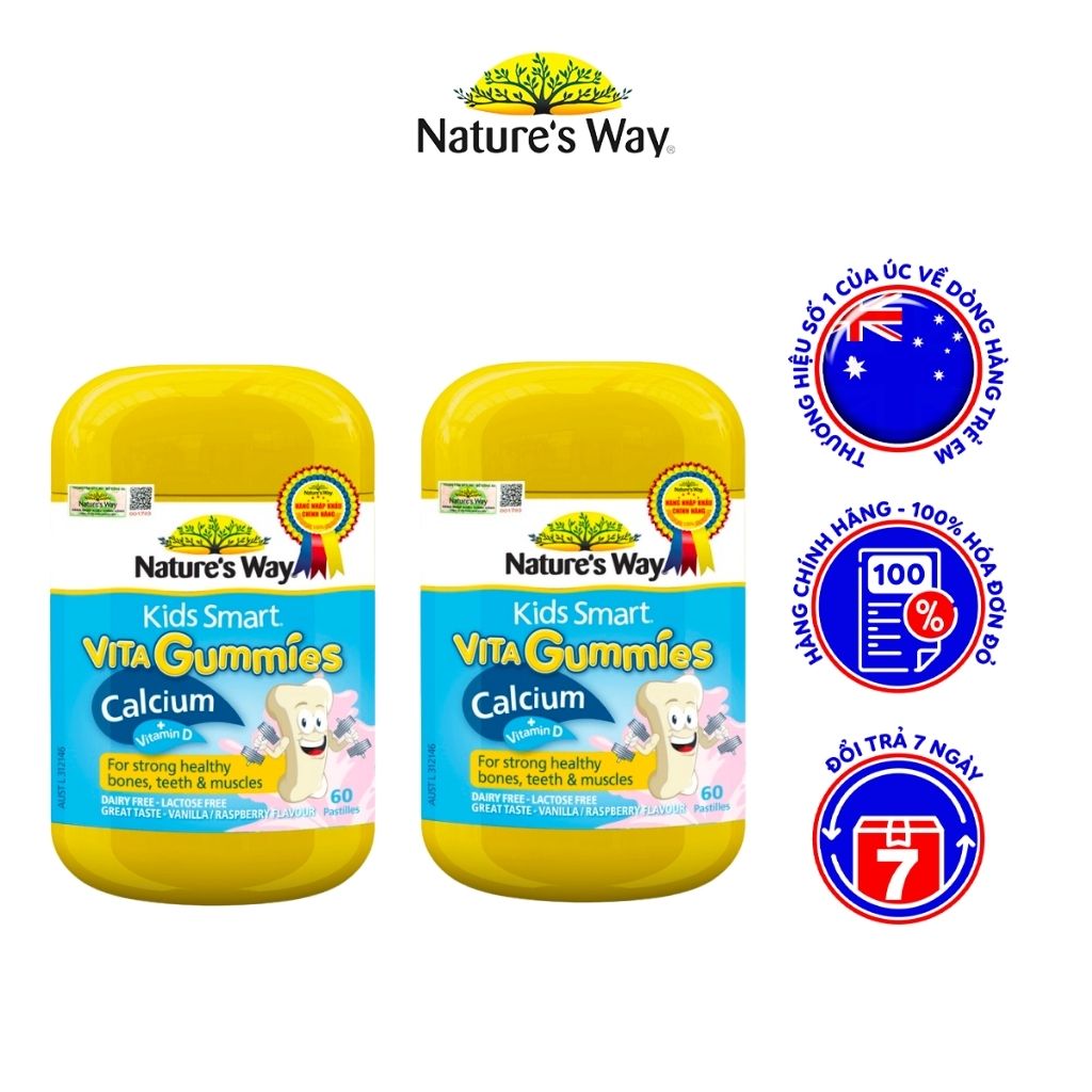 Combo 2 Hộp Kẹo Dẻo Canxi Cho Bé Nature’s Way Kids Smart Vita Gummies Calcium + Vitamin D 60 Viên