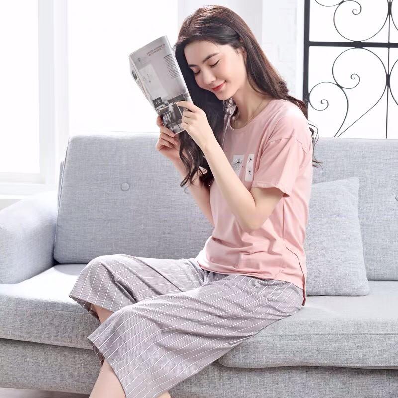 Bộ lửng nữ thun cotton hồng nude họa tiết quần kẻ