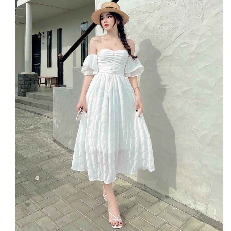 Váy đầm nữ maxi dáng xòe cúp ngực trễ vai  thích hợp mặc đi tiệc đi chơi