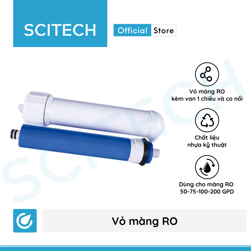 Vỏ màng RO kèm van 1 chiều và co nối dùng trong máy lọc nước (Dùng cho màng RO 50-200 GPD) - Hàng chính hãng