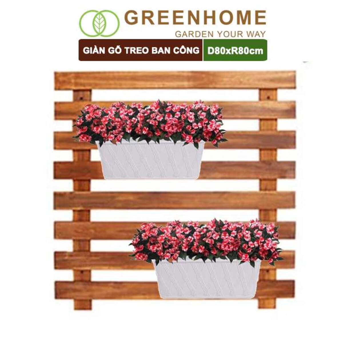 Giàn gỗ treo ban công, Greenhome, R80xC80cm, gỗ tràm siêu bền, màu gỗ, làm khung hoa hồng leo, bông giấy
