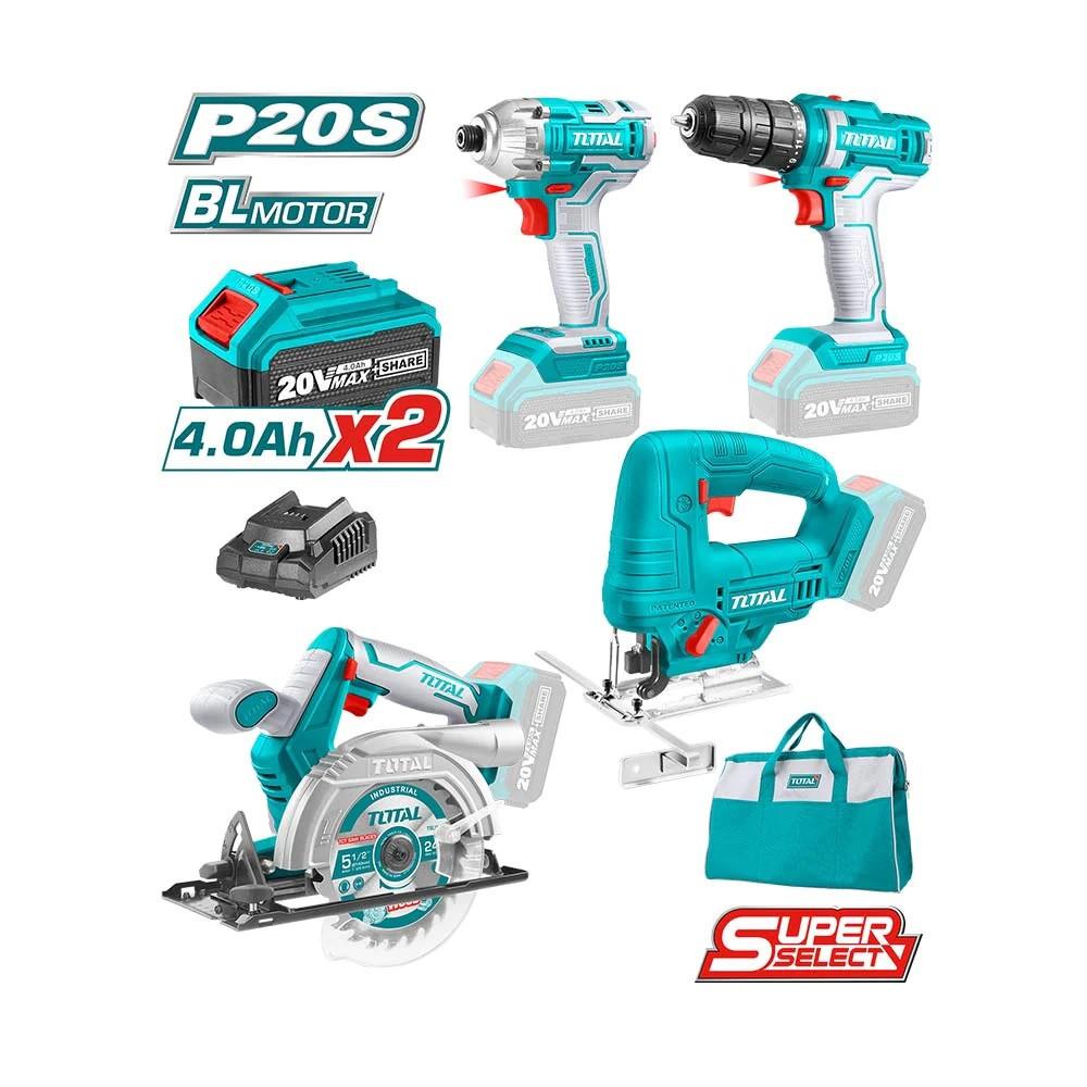 BỘ COMBO 4 MÁY GỒM CƯA ĐĨA TRÒN , CƯA LỌNG , SIẾT VÍT VÀ KHOAN DÙNG PIN LITHIUM 20V TOTAL TCKLI20104 - HÀNG CHÍNH HÃNG