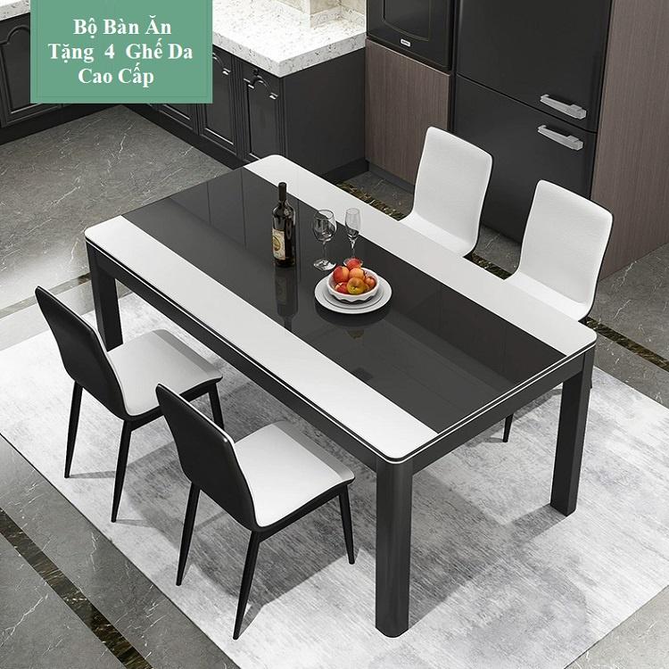 Bộ bàn ăn mặt kính cường lực vân đá cao cấp - Bộ bàn ăn 4 ghế da decor phòng ăn gia đình Có Ảnh Thật